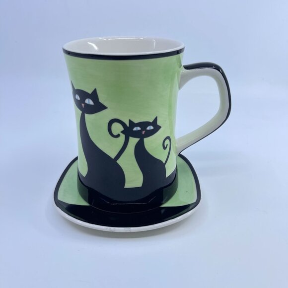huesnbrews black cat  mug & saucer set on green background - Picture 1 of 7